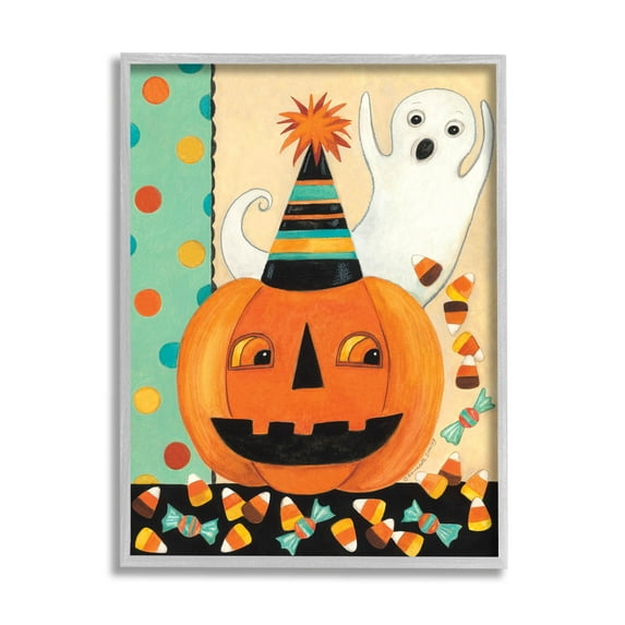 Vintage Halloween Candy Pattern Holiday Graphic Art Gray Framed Art Print Wall Art