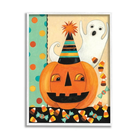 Vintage Halloween Candy Pattern Holiday Graphic Art White Framed Art Print Wall Art