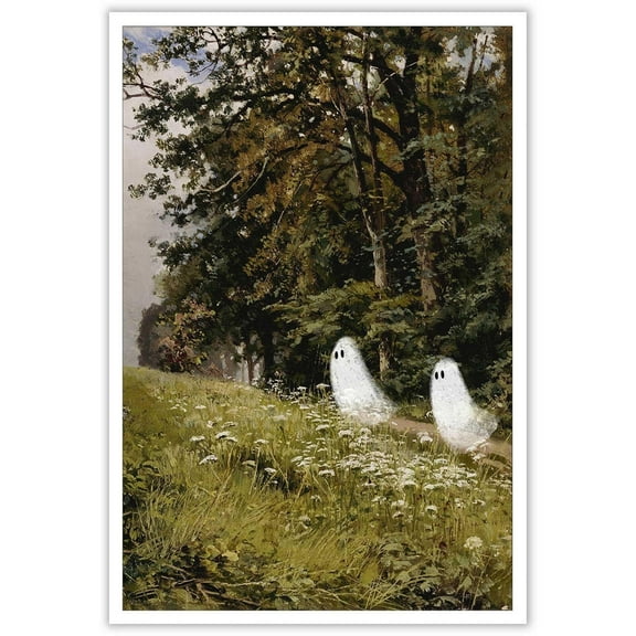 Vintage Halloween Canvas Wall Art Cute Ghost On A Flower Meadow Posters Reepy Ghosts Prints Wildflower Field Landscape Wall Decor For Party Living Room Bedrrom Decor Perfect holiday gift