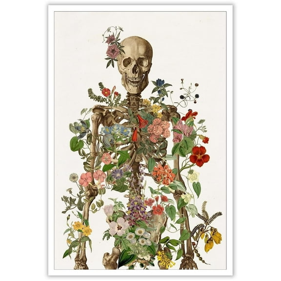 Vintage Halloween Canvas Wall Art Funny Skeleton Hippie Victory Posing Posters Gothic Black White Scary For Home Bedroom Dorm Decor Perfect holiday gift