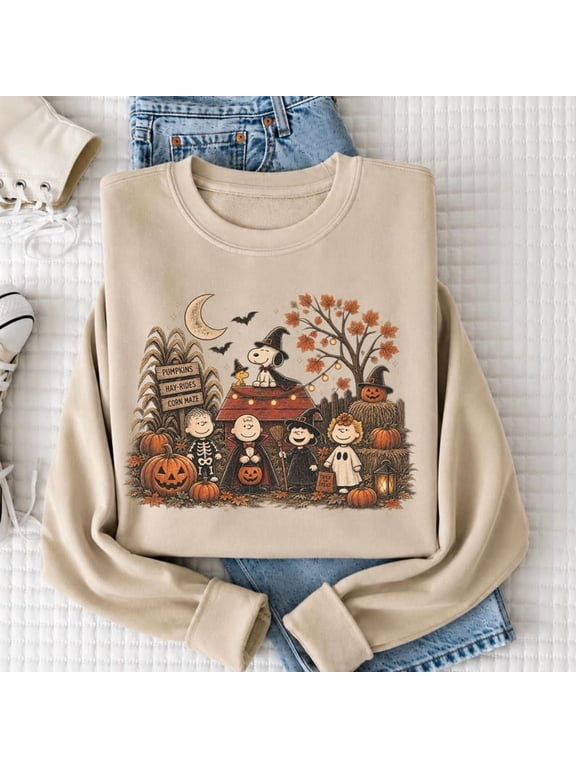 Vintage Halloween Cartoon Friends Sweatshirt, Cute Fall Pumpkin Patch Crewneck, Cozy Spooky Season Shirt