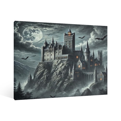 Vintage Halloween Castle Canvas Wall Art Painting, Retro Horror Creepy Dark Poster, Halloween Gothic Artwork Picture Print Decor, Spooky Ghost Wall Decor for Bar Living Room Bedroom Party Framed ﻿