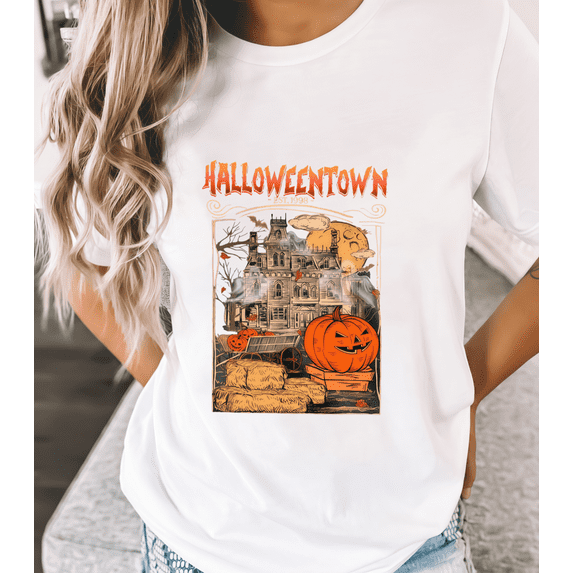 Vintage Halloween Castle Print T-Shirt ,Castle and pumpkin design，Breathable & Comfortable Casual Tee , Humorous design，Classic，cotton，white，S-5XL