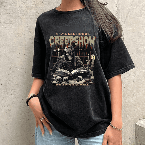 Vintage Halloween Casual Tops Horror Skull Print T-shirts Horror Spooky Graphic Tees Short Sleeve Cotton Acid Washed Shirts for Daily Outfits Black,M