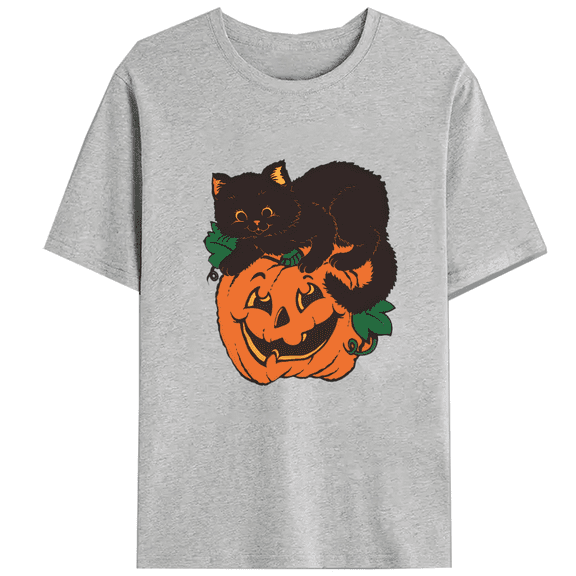 Vintage Halloween Cat Lovers Print T-shirts Black Cat on Pumpkin Casual Tops Cute Fall Design Graphic Tees for Daily Outfits Cotton Shirts Gray,M