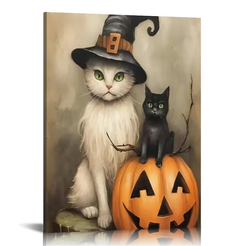 Vintage Halloween Cat and Pumpkin Canvas Wall Art Painting ，Gothic ...