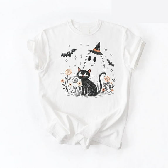 Vintage Halloween Cat and Ghost T-Shirt – Tee with Witch Hat, Bats, and Spooky Fall Flowers