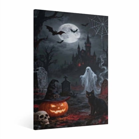 Vintage Halloween Cemetery Ghost Canvas Wall Art Painting,Halloween Gothic Print Pictures for Home Wall Decor Retro Horror Creepy Dark Posters for Living Room Bedroom Bar Home Party Decor Framed