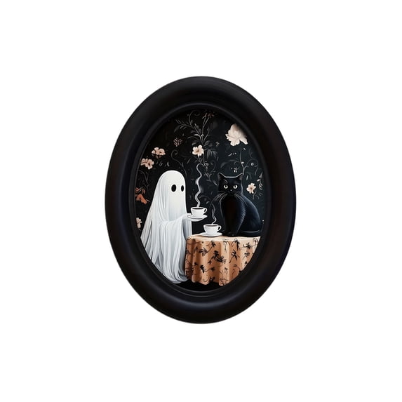 Vintage Halloween Coffee Ghost Oval Wall Plaque, Gothic Dark Academia Decor, Spooky Cottagecore Aesthetic Art for Bedroom Shelf Living Room Home Party Decoration, 4.17x5.26 Inch