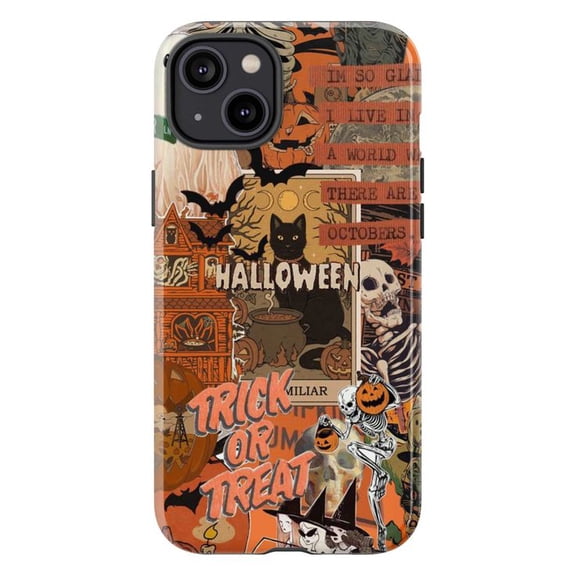 Vintage Halloween Collage Phone Case for iPhone 16 15 14 13 12 11 Pro Max – Autumn Orange Gothic Spooky Aesthetic, Trick or Treat Skeleton Pumpkin Phone Cover
