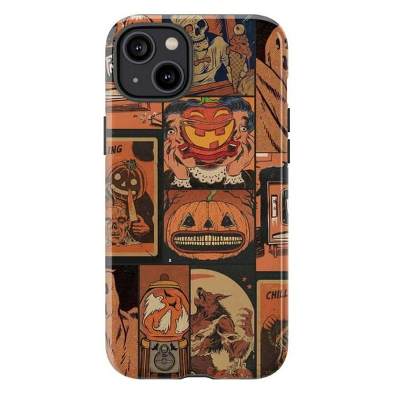 Vintage Halloween Comic Phone Case, Retro Pumpkin, Ghost, Werewolf Design, Durable Protective Cover for iPhone 16 15 14 13 12 11 Pro Max Mini