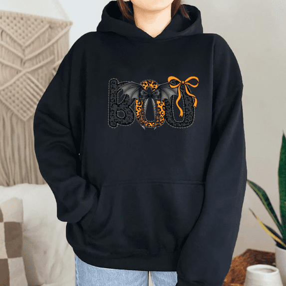 Vintage Halloween Coquette Print Long Sleeve Tops Boo & Lace Bow Graphic Tees Casual Hooded Sweatshirts for Daily Outfits Cotton Shirts Black,M