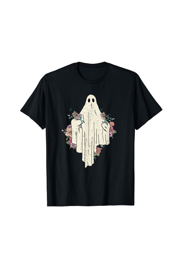 Vintage Halloween Costume Floral Cute Ghost For Men Women Black T-Shirt Short Sleeve Tee