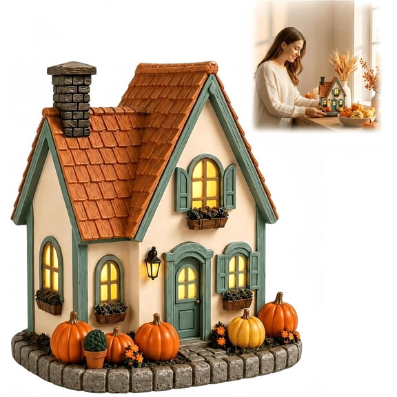 Vintage Halloween Cottage with LED Lights, Pumpkin House Halloween Decorations Indoor, Fall Harvest Thanksgiving Party Decor, Lighted Village House