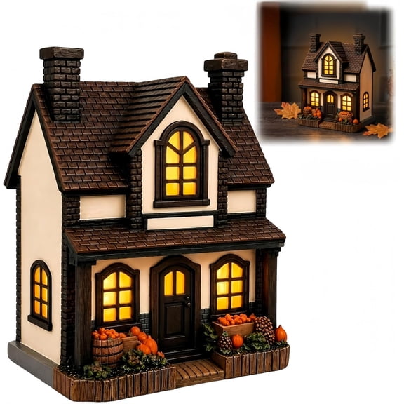 Vintage Halloween Cottage with LED Lights, Pumpkin House Halloween Decorations Indoor, Fall Harvest Thanksgiving Party Decor, Lighted Village House