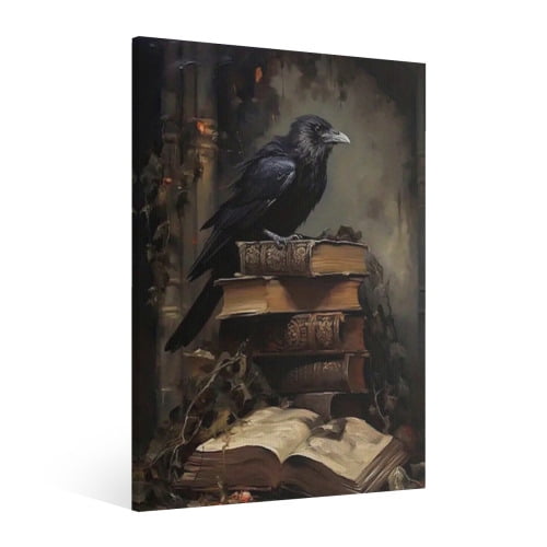 Vintage Halloween Crow Canvas Wall Art Painting, Gothic Print Pictures for Home Wall Decor Retro Horror Creepy Dark Posters for Living Room Bedroom Bar Home Halloween Party Decor Framed