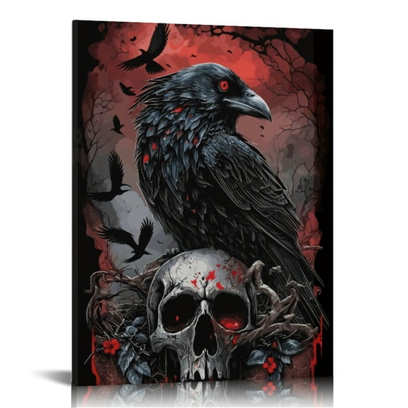 Vintage Halloween Crow, skeleton Canvas Wall Art Painting，Gothic Print Pictures for Home Wall Decor Retro Horror Creepy Dark Posters for Living Room Bedroom Bar Home Halloween Party Decor Framed ﻿