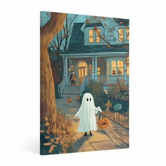 Vintage Halloween Cute Ghost Canvas Wall Art Painting, Retro Horror Creepy Dark Poster, Halloween Gothic Artwork Picture Print Decor,Spooky Ghost Wall Decor for Bar Living Room Bedroom Party Framed 