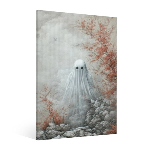 Vintage Halloween Cute Ghost Canvas Wall Art Painting, Retro Horror Creepy Dark Poster, Halloween Gothic Artwork Picture Print Decor,Spooky Ghost Wall Decor for Bar Living Room Bedroom Party Framed 