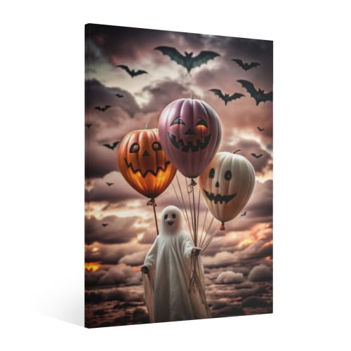 Vintage Halloween Cute Ghost Canvas Wall Art Painting, Retro Horror Creepy Dark Poster, Halloween Gothic Artwork Picture Print Decor, Spooky Ghost Wall Decor for Bar Living Room Bedroom Party Framed