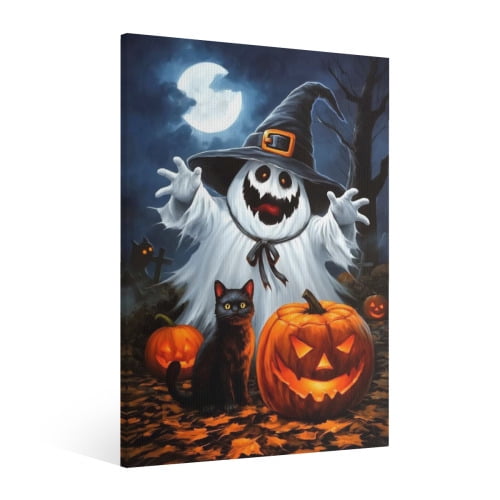 Vintage Halloween Cute Ghost Canvas Wall Art Painting, Retro Horror Creepy Dark Poster, Halloween Gothic Artwork Picture Print Decor,Spooky Ghost Wall Decor for Bar Living Room Bedroom Party Framed 
