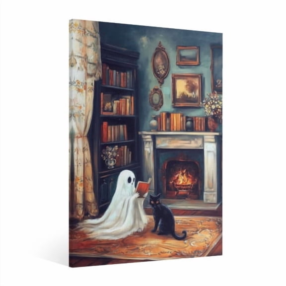 Vintage Halloween Cute Ghost Canvas Wall Art Painting, Retro Horror Creepy Dark Poster, Halloween Gothic Artwork Picture Print Decor,Spooky Ghost Wall Decor for Bar Living Room Bedroom Party Framed 