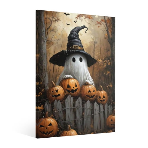 Vintage Halloween Cute Ghost and Pumpkin Canvas Wall Art Painting, Gothic Print Pictures for Home Wall Decor Horror Creepy Dark Posters for Living Room Bedroom Home Halloween Party Decor Framed