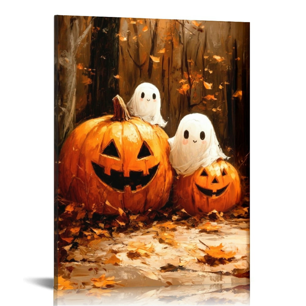 Vintage Halloween Cute Ghost and Pumpkin Canvas Wall Art Painting ...
