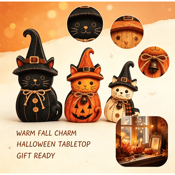 Vintage Halloween Decor, 3‑Piece Vintage Wooden Witch Cat Decor Set, Indoor Halloween Decorations, Rustic Farmhouse Mantel & Bookshelf Tray Decor, Retro Fall Statue Gift