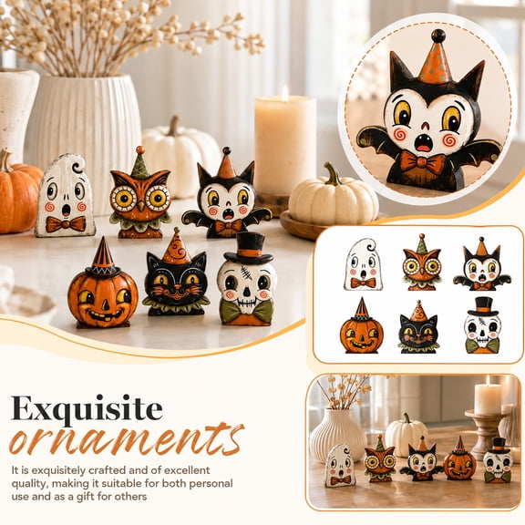 Vintage Halloween Decor Indoor, Retro Wooden Block for Shelf Decor, Cute Ghost, Pumpkin, Black Cat, Skeleton, Witch Owl, Housewarming Gift (E)