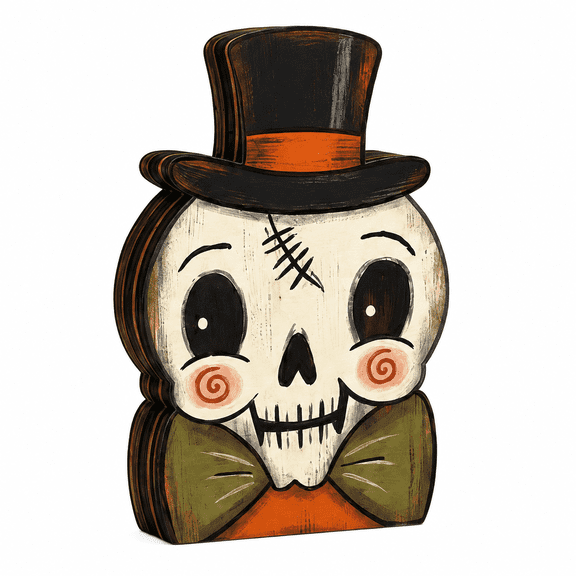 Vintage Halloween Decor Indoor, Retro Wooden Block for Shelf Decor, Housewarming Gift (Skeleton Version)