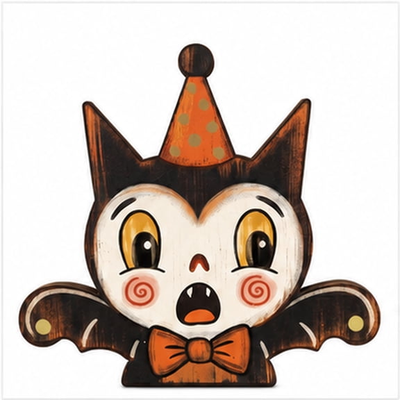 Vintage Halloween Decor Indoor, Retro Wooden Block for Shelf Decor, Housewarming Gift (Vampire Cat Version)