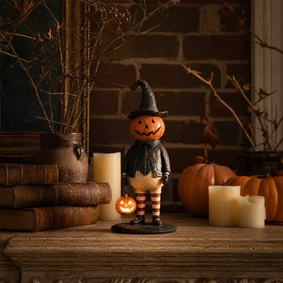 Vintage Halloween Decor Rustic Weathered Jack O Lantern Sculpture, Curly Witch Hat Pumpkin Man Holding Light Up Pumpkin Lantern, Desktop Fireplace Holiday Ornament