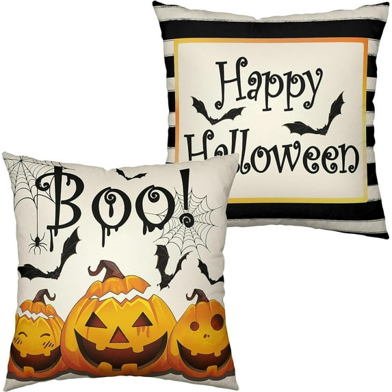 Vintage Halloween Decor Throw Pillow Covers 20x20 Set of 2 Bat Spider Web Pumpkin Pillow Case Black and White Striped Pillow Covers for Couch Sofa Outdoor