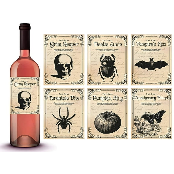 Vintage Halloween Decorations | 6 Wine Bottle Stickers | Scary Halloween Party Supplies and Decorations, Photo Props and Party Favors