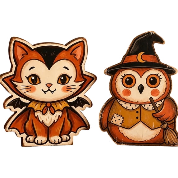 Vintage Halloween Decorations Colorful Retro Fall Wooden Figurines for Home Indoor Mantel Shelf Party Display Halloween Home Decor Gifts Set of 2