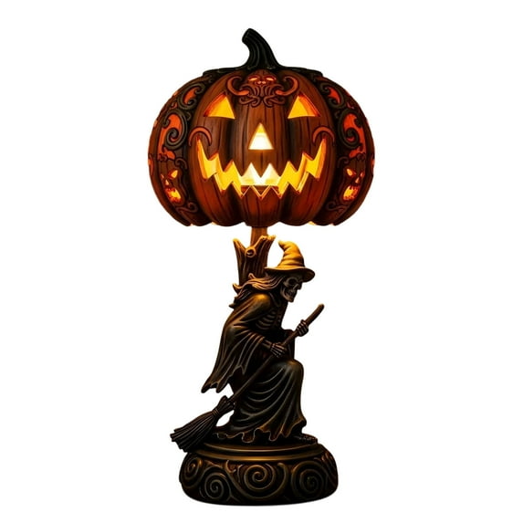 Vintage Halloween Decorations Lamp, Retro Resin Skeleton Figurine with Pumpkin Lights for Halloween Party Office Home Table Decor, Gifts for Men Women