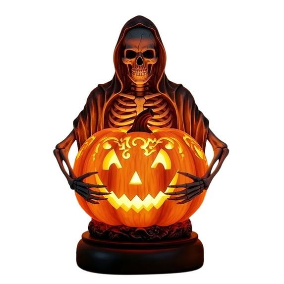Vintage Halloween Decorations Lamp, Retro Resin Skeleton Figurine with Pumpkin Lights for Halloween Party Office Home Table Decor, Gifts for Men Women