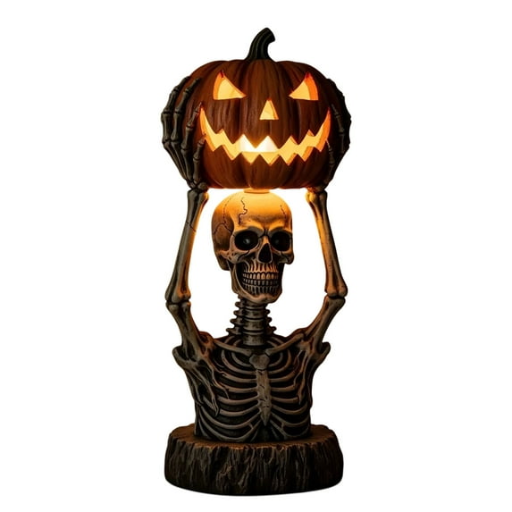 Vintage Halloween Decorations Lamp, Retro Resin Skeleton Figurine with Pumpkin Lights for Halloween Party Office Home Table Decor, Gifts for Men Women