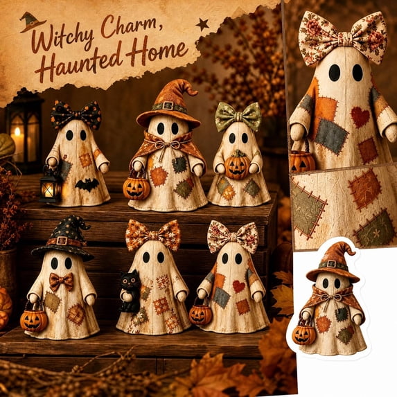 Vintage Halloween Decorations, Wooden Ghost Figurine Set with Patchwork Design, Spooky Halloween Decor for Fall Home Centerpiece, 4-Pack