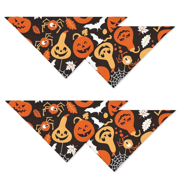 Vintage Halloween Dog Bandanas 2 Pack, Gothic Spooky Adjustable Pet Scarf with Skull Pumpkin Black Cat Pattern
