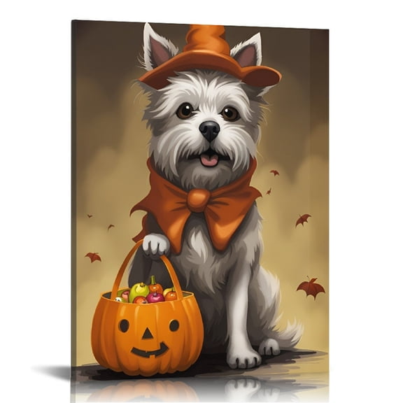 Vintage Halloween Dog and Pumpkin Canvas Wall Art Painting,Gothic Print Pictures for Home Wall Decor Horror Creepy Dark Posters for Living Room Home Halloween Party Decor Framed