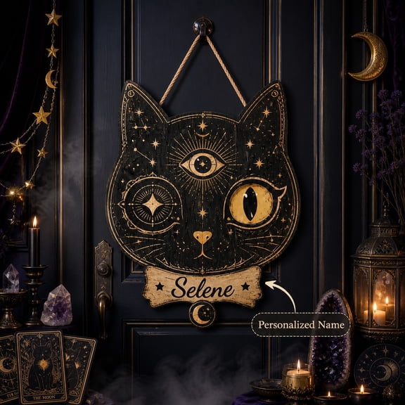 Vintage Halloween Door Hanger Tarot Cat Wood Sign for Front Door Decor