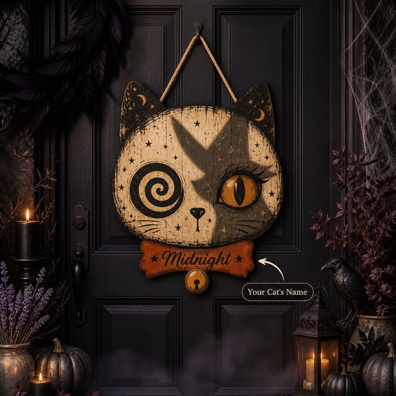 Vintage Halloween Door Hanger Witch Hat Shadow Cat Wood Sign for Front Door Cat Lovers