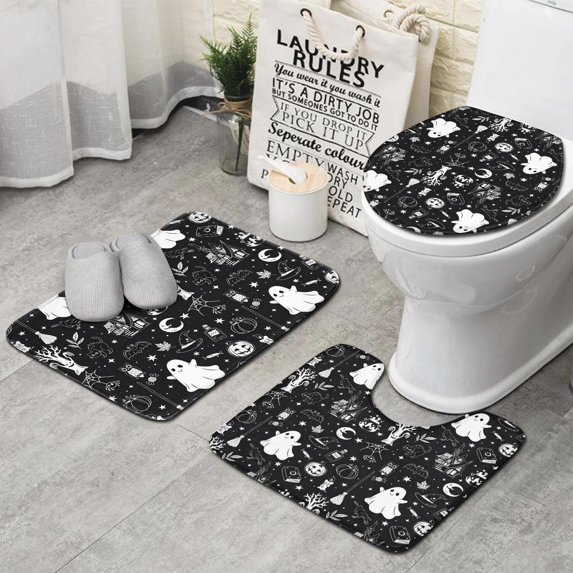 Vintage Halloween Elements Pattern Bathroom Rugs Sets 3 Piece,Toilet Cover Set,Absorbent Non Slip Bathroom Mats Sets with U-Shaped Contour Rug Toilet Rug Set