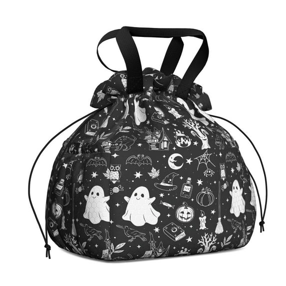 Vintage Halloween Elements Pattern Drawstring Lunch Bag Women - Drawstring Lunch Bag Insulated for Work Office - Stain-Resistant Large Lunchbags for Women with Multi-Pockets