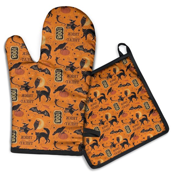 Vintage Halloween Elements Pattern Kitchen Oven Mitt and Pot Holder Sets 2 Pcs for Baking, Cooking and Grilling, Heat Resistant Up To 392 °F