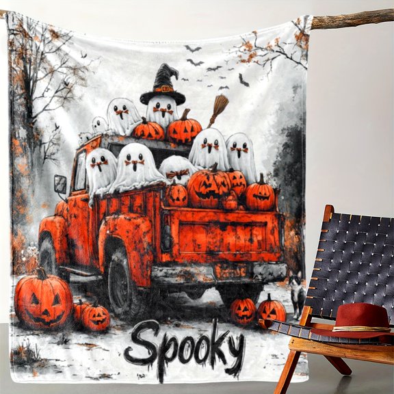 Vintage Halloween Flannel Throw Blanket with Truck and Ghosts Print, Soft Cozy Warm Comfort for Couch Sofa Bed Office Travel, All-Season Digital Printed Polyester Knit, Spooky Pumpkin Design,