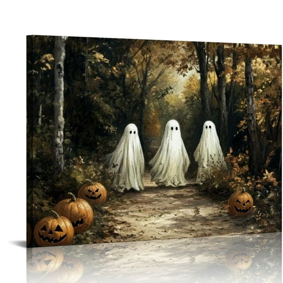Vintage Halloween Forest Ghost ,Pumpkin Canvas Wall Art Painting ,Gothic Print Pictures for Home Wall Decor Horror Creepy Dark Posters for Living Bedroom Room Bar Home Halloween Party Decor Framed