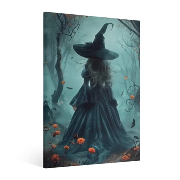 Vintage Halloween Forest Witch Canvas Wall Art Painting,Halloween Gothic Print Pictures for Home Wall Decor Retro Horror Creepy Dark Posters for Living Room Bedroom Bar Home Party Decor Framed